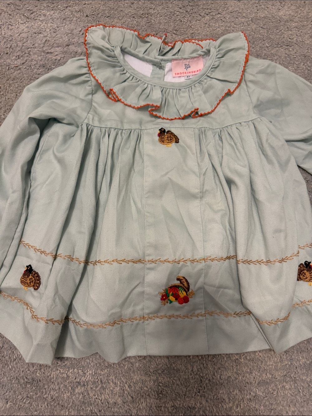 Thanksgiving Smocked Mint Ruffled Long-Sleeve Top with Embroidered Motifs